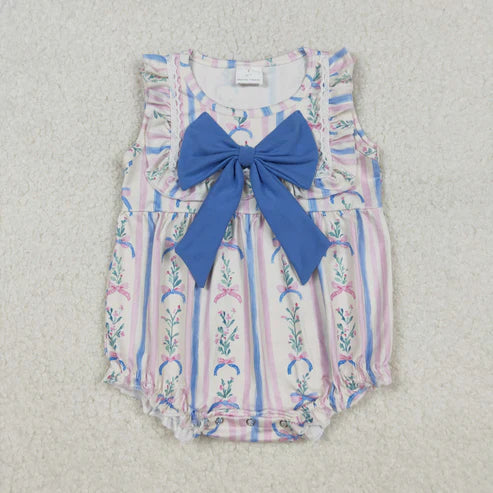 10.17 SR3045 Baby Girls Floral Stripe Blue Bow Ruffle Romper