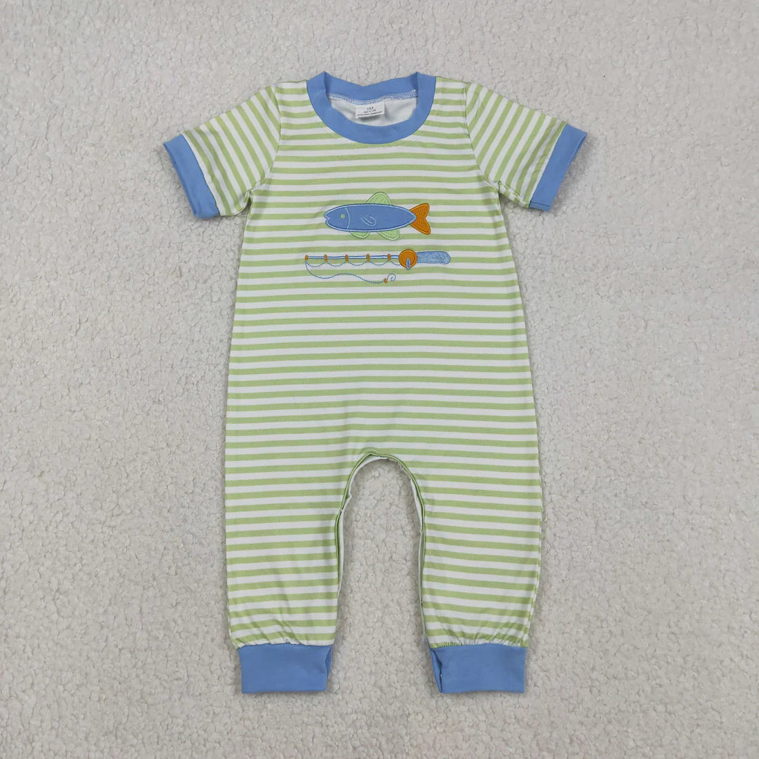 12.8 SR3329 Embroidery Baby Boys Stripe Fishing Hunting Footie Romper