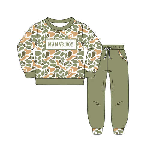 10.23 BLP1339 Baby Boys Green Orange Camo Mama's Boy Top Pockets Jogger Pants Clothes Sets Preorder