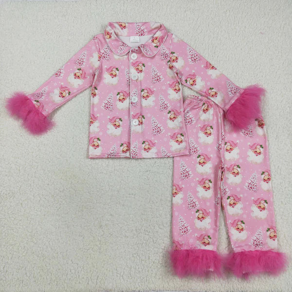 8.15 GLP2424 Baby Girls Pink Long Sleeves With Fur Santa Trees Button Top Pant Pajamas Set