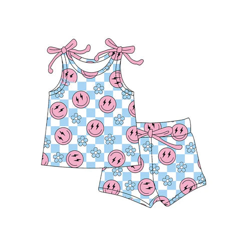 4.24 GSSO2585 Baby Girls Sleeveless Pink Smiles Blue Plaid Flowers Top Short Set Preorder