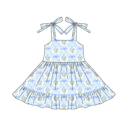 6.14 GSD2590 Baby Girls Blue Strap Bows Flower Plaid Knee Length Dresses Preorder