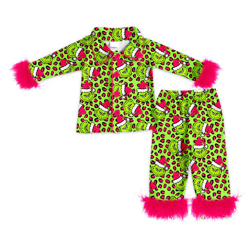 8.7 GLP2670 Adult Women Christmas Green Face Leopard Button Top Pants Fur Pajamas Set Preorder