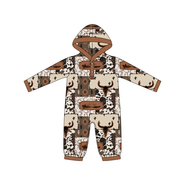 8.27 LR2592 Baby Boys Brown Aztec Bull Skulls Western Button Hoodie Footie Rompers Preorder
