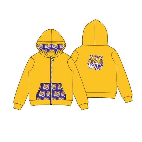 8.11 Custom Moq 5 Baby Boys Yellow Tigers Team Pocket Zipper Hoodies Tops