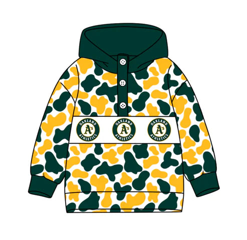 10.15 Custom Moq 8 Baby Boys Green Yellow Camo Oakland Team Button Hoodies Top