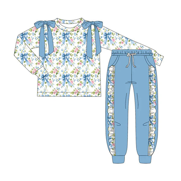 7.9 Custom Moq 3 Baby Girls Long Sleeves Blue Bows Floral Top Pockets Pant Clothes Set