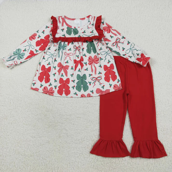 8.15 GLP2346 Baby Girls Long Sleeves Red Green Bows Tunic Ruffle Pant Set
