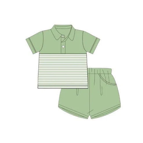 3.20 BSSO1412 Baby Boys Green Short Sleeves Button Stripe Top Pockets Short Clothes Set Preorder