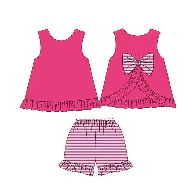 3.23 GSSO2395 Baby Girls Hot Pink Sleeveless Bows Tunic Stripe Ruffle Short Set Preorder