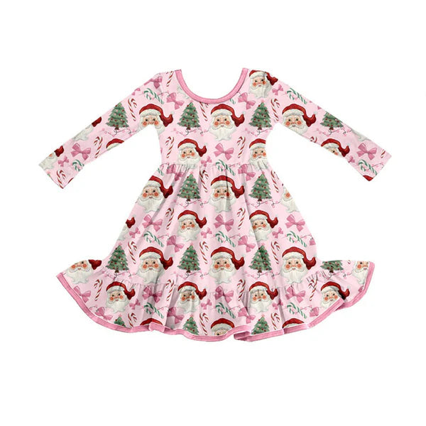8.27 GLD1279 Baby Girls Pink Santa Candy Cane Plaid Christmas Knee Length Dresses Preorder