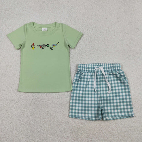 12.16 BSSO1621 Embroidery Fishing Baby Boys Top Checked Pockets Shorts Hunting Clothes Set