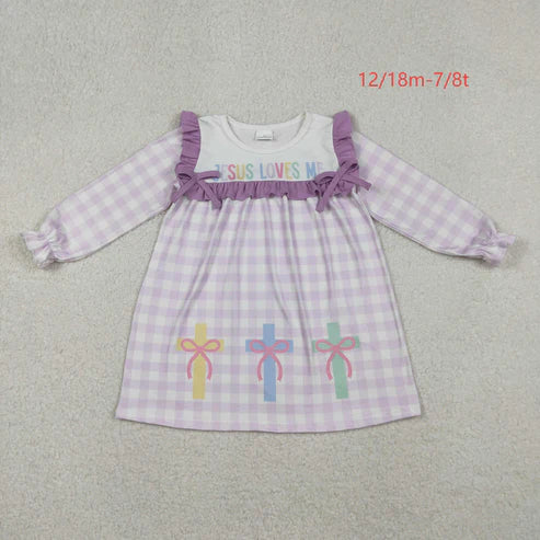 10.30 GLD1356 Baby Girls Lavender Checked Jesus Love Me Cross Knee Length Dress