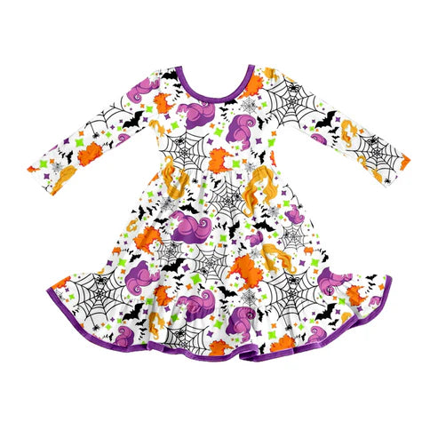 8.7 GLD1249 Baby Girls Cartoon Hairs Spider Halloween Ruffle Knee Length Dresses Preorder