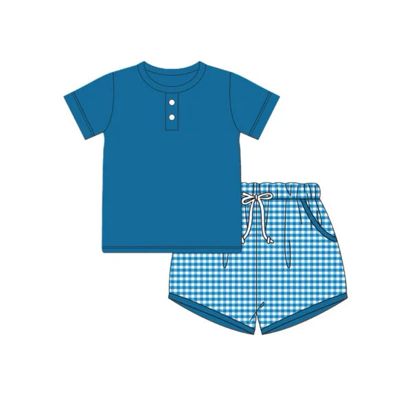 L-3.4 BSSO1292 Baby Girls Navy Buttons Top Checkered Pockets Shorts Clothes Sets Preorder