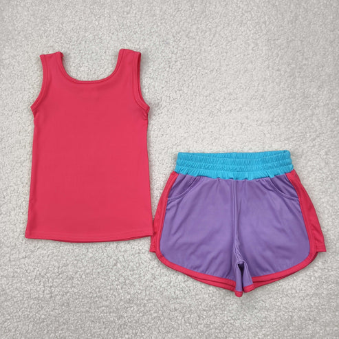 4.29 GT0991+SS0555 Baby Girls Pink Sleeveless Shirt Top Lavender Pockets Short Yoga Active Set
