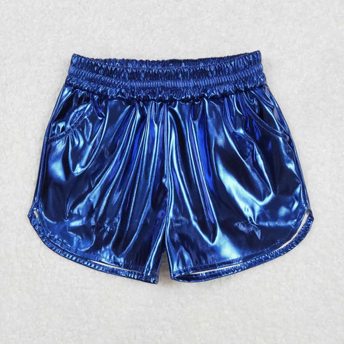 SS0409 Baby Girls Blue Pocket Leather Elastic Bottom Shorts