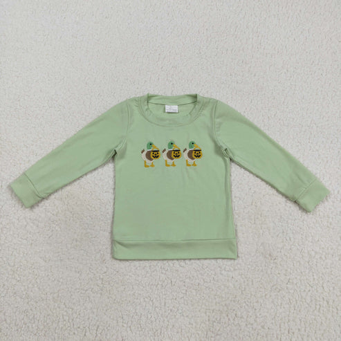 8.4 BT1278 Embroidery Baby Boys Green Long Sleeves Ghost Pumpkins Ducks Tee Shirts Top