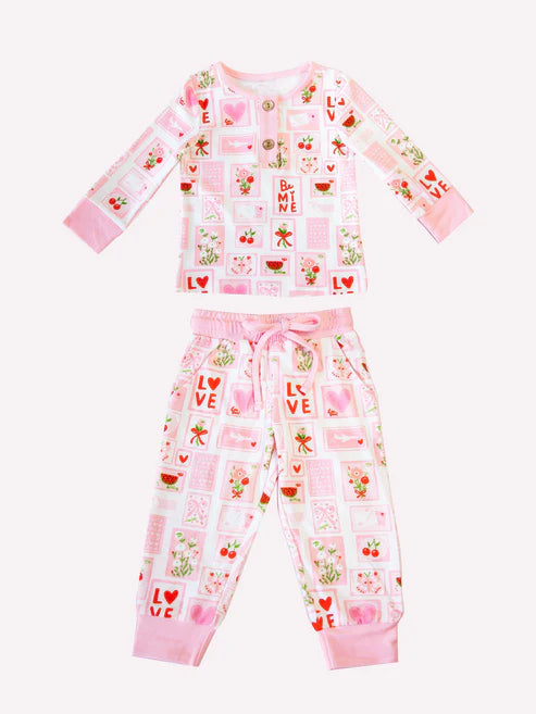 10.20 GLP2946 Baby Girls Pink Flowers Hearts Button Top Pockets Pants Valentine Clothes Sets Preorder