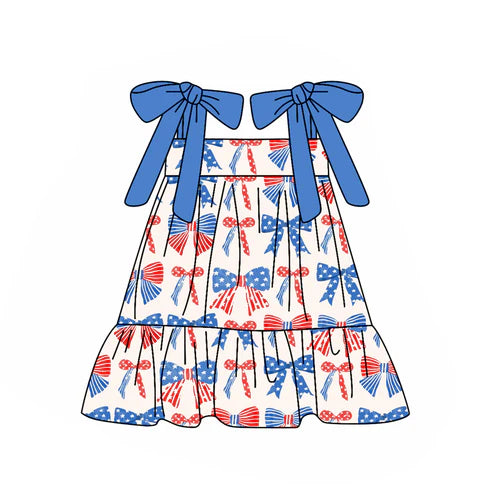3.17 GSD2172 Baby Girls Blue Strap Red Blue Bows Stars 4th Of July Knee Length Dress Preorder