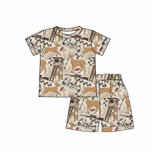 10.22 BSSO1559 Baby Boys Khaki Short Sleeve Deer Top Shorts Hunting Pajamas Sets
