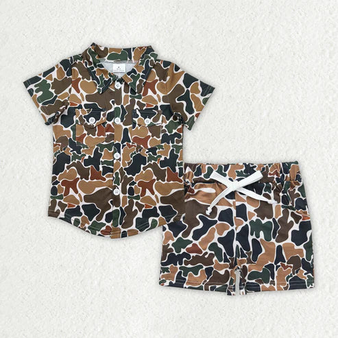 4.19 BT1200+SS0359 Baby Boys Brown Camouflage Button Pockets Shirts Top Shorts Sets