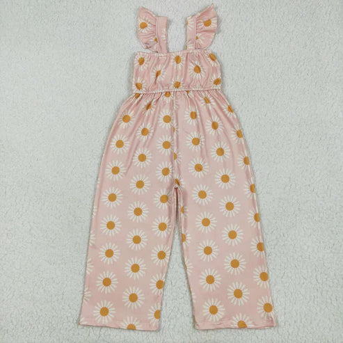 5.17 SR3052 Baby Girls Flutter Sleeves Peach Daisy Flowers Bell Jumpsuit