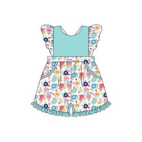 4.3 SR3009 Baby Girls Flutter Sleeves Colorful Flowers Pockets Jumpsuits Preorder