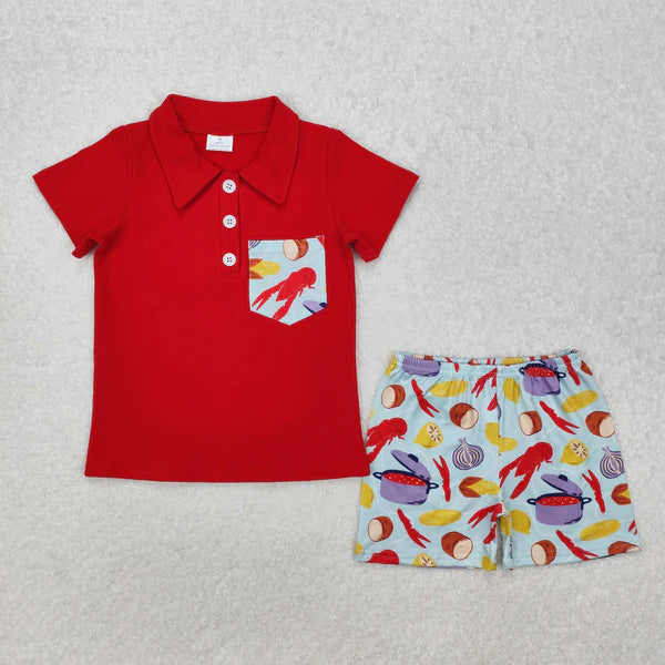 BSSO1188 Baby Boys Boiled Crawfish Pullover Tops Shorts Clothes Set