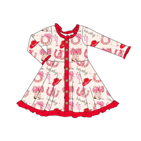 5.29 GLD0918 Baby Girls Valentines Western Boots Buttons Knee Length Dresses Preorder