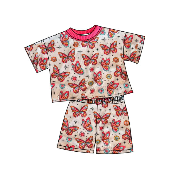 3.27 GSSO2416 Baby Girls Red Short Sleeves Butterfly Flowers Top Short Pajamas Set Preorder