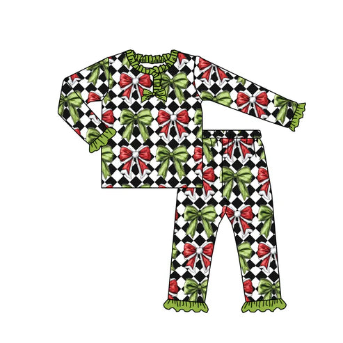 9.2 GLP2786 Baby Girls Black Checked Green Red Bows Button Christmas Pajamas Set Preorder