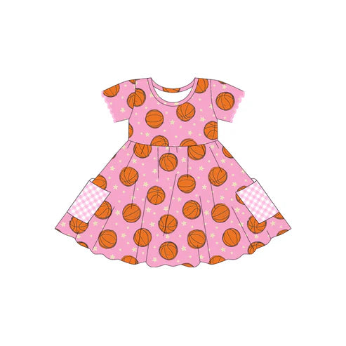 4.21 GSD2483 Baby Girls Pink Short Sleeves Basketballs Pockets Knee Length Dresses Preorder