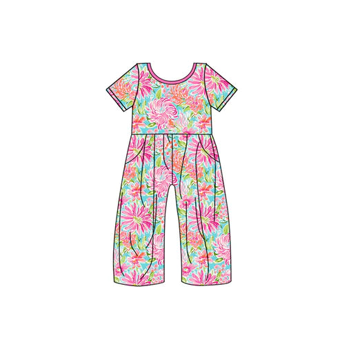 6.19 SR3088 Baby Girls Short Sleeves Hot Pink Watercolor Floral Pockets Jumpsuits Preorder