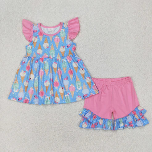 4.2 GSSO2402 Baby Girls Pink Flutter Sleeves Ice Cream Tunic Ruffle Short Set