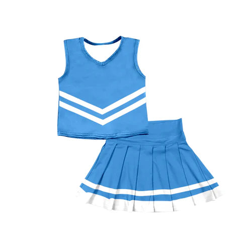 8.11 Custom Moq 5 Baby Girls Blue Sleeveless Team Vest Pleated Skorts Set