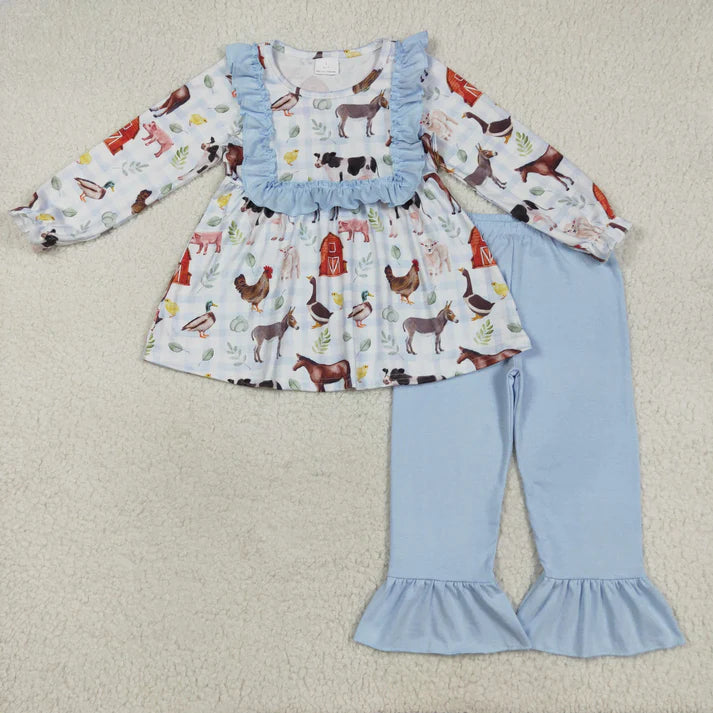 8.15 GLP2536 Baby Girls Long Ruffle Sleeves House Chicks Tunic Pant Farm Set