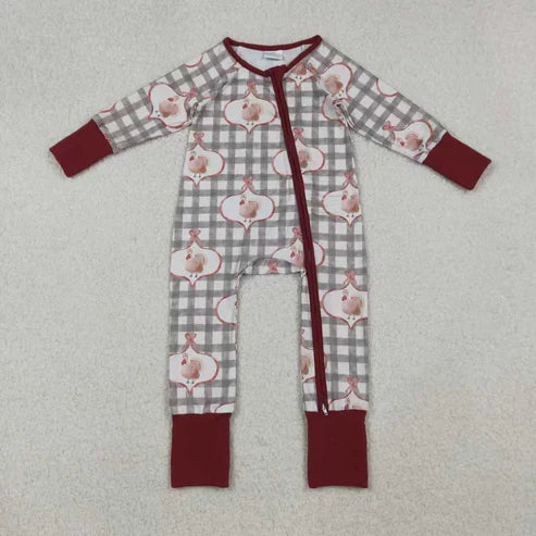 10.31 Sibling Baby Girls Turkey Checked Pants Thanksgiving Pajamas Sets Zipper Footie Romper