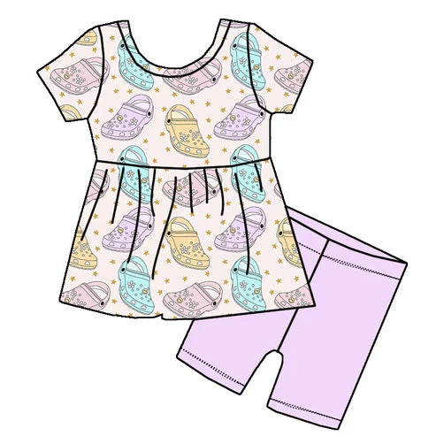 3.20 GSSO2364 Baby Girls Lavender Short Sleeves Stars Slipper Tunic Short Clothes Set Preorder