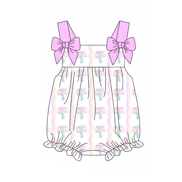 3.27 SR2961 Baby Infant Girls Hot Pink Bows Strap Floral Stripe Ruffle Rompers Preorder