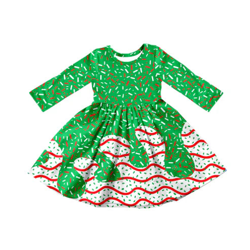 8.6 GLD1260 Baby Girls Drip Christmas Trees Print Knee Length Dresses Preorder