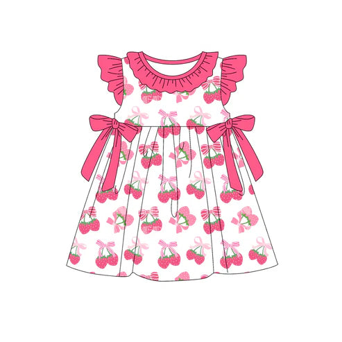 4.18 GSD2455 Baby Girls Pink Flutter Sleeves Bows Strawberry Knee Length Dresses Preorder