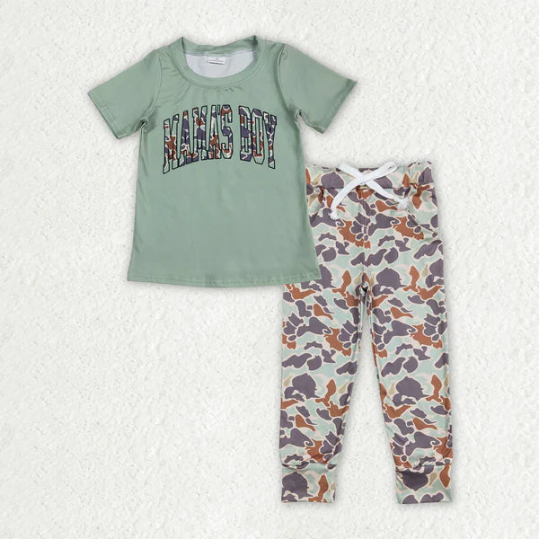 5.27 BT1184+P0421 Baby Boys Green Camo Mama's Boy Top Pocket Lagging Pants Outfits Set