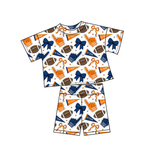 10.22 GSSO2722 Baby Girls Navy Orange Bows Footballs Top Shorts Team Pajamas Sets