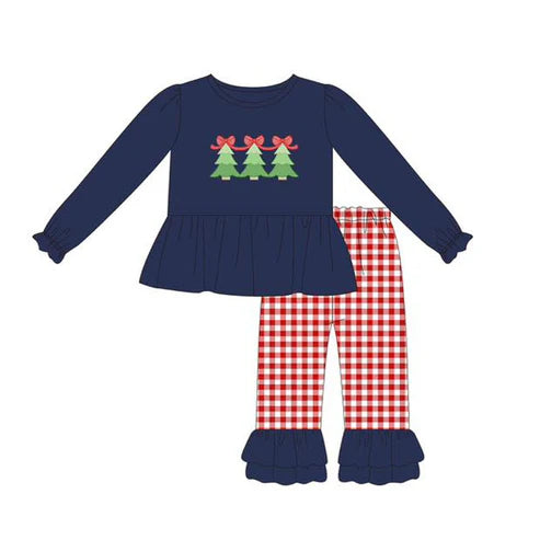 6.7 GLP2412 Baby Girls Navy Long Ruffle Sleeves Bows Trees Tunic Red Plaid Pant Set Preorder