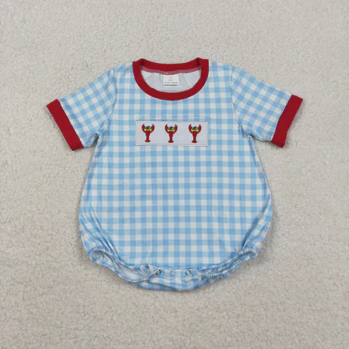 11.12 SR3257 Embroidery Baby Boys Blue Checked Mardigras Crayfishes Romper