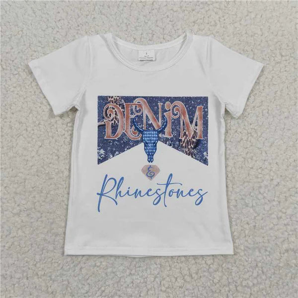 GT0133 Girl DENIM Blue Bull Head White Short Sleeve Top