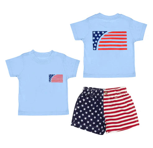 4.23 BSSO1506 Baby Boys Blue Short Sleeves Flag Top Pockets Short 4th Of July Set Preorder