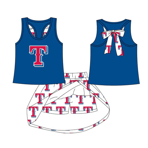 8.1 Custom Moq 5 Baby Girls Texas Blue bow vest team Top Skirt Skort Sets