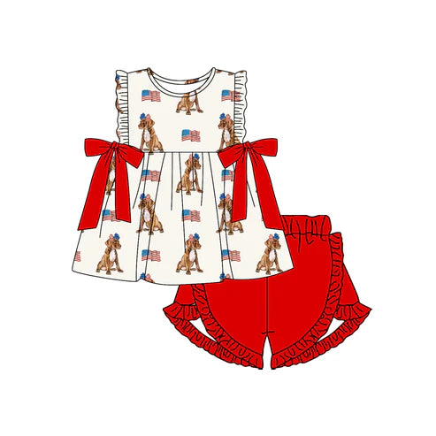 4.18 GSSO2560 Baby Girls Sleeveless Flags Dogs Bows Tunic Ruffle Short 4th Of July Set Preorder